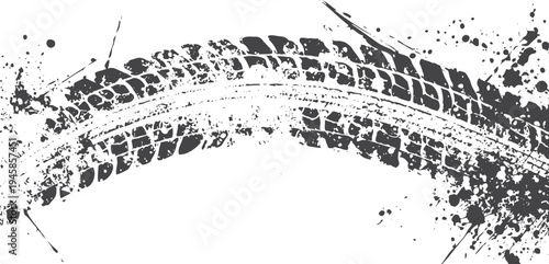 Dark tire track with splatter on white background grunge