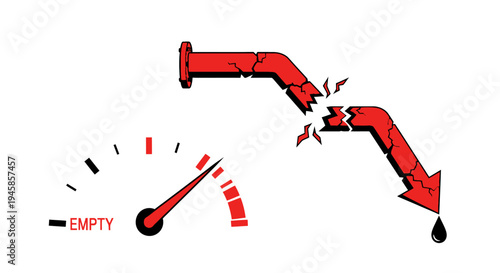 A fuel gauge shows empty with a broken red pipe leaking oil downward.