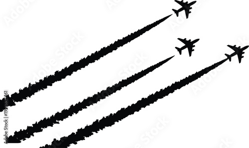 Three military fighter jets flying in formation leaving smoke trails in sky, aviation power, air force aircraft silhouette display