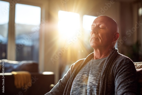 Older man sits with eyes closed while sun shines through the window.