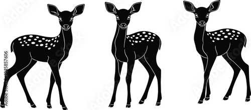 Three spotted baby deer silhouettes illustration, cute fawn animal vector set, wildlife nursery design, black deer icons isolated