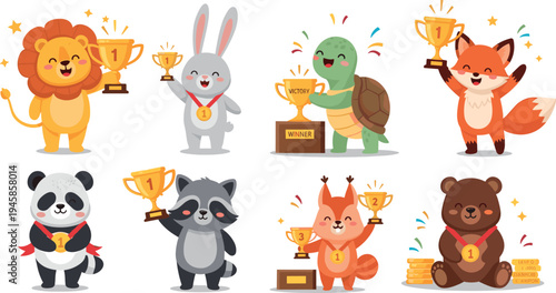 Cute cartoon animal winners holding trophy cups and medals illustration set featuring lion rabbit turtle fox panda raccoon squirrel bear characters