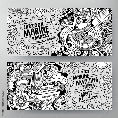 Cartoon vector doodle set of Marine banners templates. Corporate identity for the use on invitations, cards, apps, branding, flyers, greeting cards, postcards, web design. Funny line art illustration.