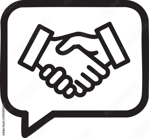 A black and white illustration of two hands shaking within a speech bubble