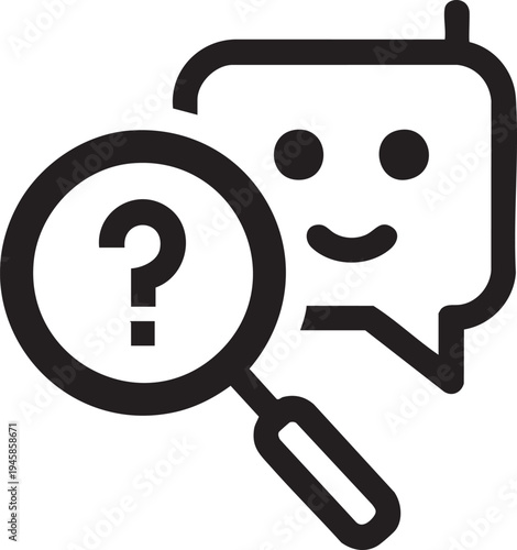A black and white icon depicting a search for answers or information
