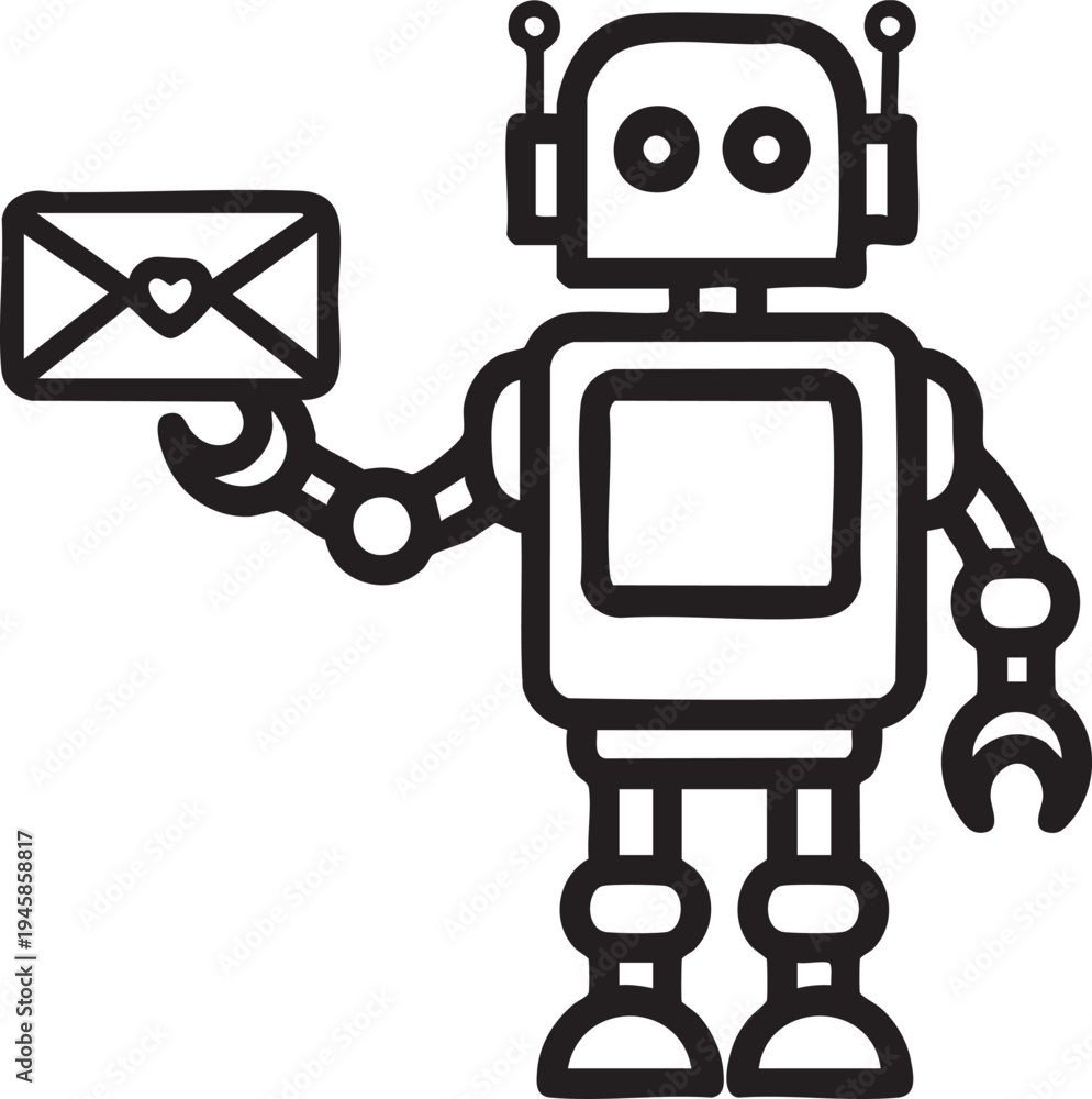 Naklejka premium Robot delivering a letter with a heart a charming illustration