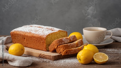 Freshly baked pound cake dusted with powdered sugar, served with lemons and a cup of tea or coffee on a rustic grey background. Classic sliced loaf