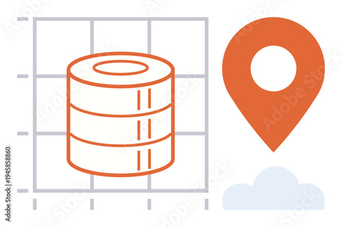 Data storage, geolocation, cloud computing, technology integration, network mapping, digital tools. Stack of data, location pin and cloud on a grid. Data storage and geolocation