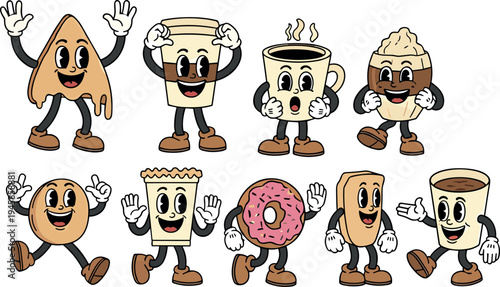Cute Cartoon Bakery and Coffee Characters Vector Set with Donut Cupcake Coffee Mug Bread Pastry Mascots