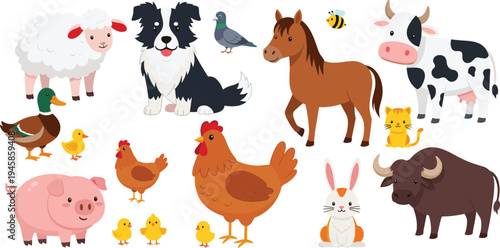 Farm animals collection cow horse pig sheep chicken duck dog rabbit cartoon flat vector illustration set isolated