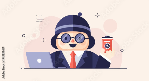 A cute character in a suit, hat, and glasses holds a trash can