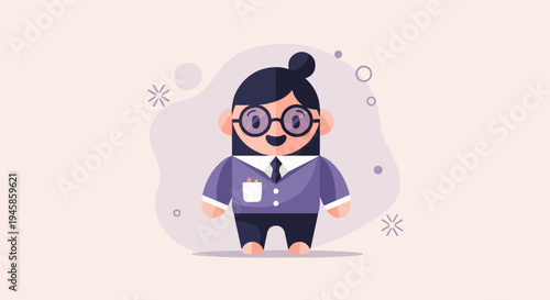 A cute, cartoonish character in a business suit, with glasses, smiles