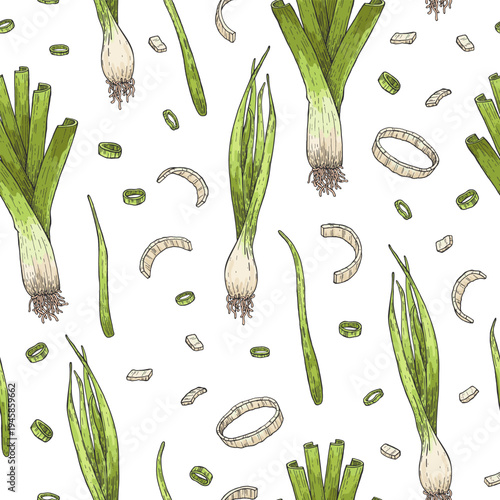 Seamless pattern of green onions and leeks. Sketch style. Doodle. Fresh, organic vegetables. Healthy food. Herbs, fragrant spices. Vector illustration.