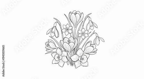 A delicate line drawing of a spring bouquet with crocuses, daffodils, and snowdrops