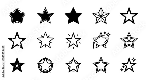 Stars set with various shapes and designs in black lines and white background featuring star, collection, icons with