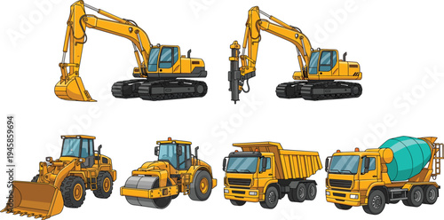 Construction machinery vehicles collection excavator loader roller dump truck mixer flat vector illustration set isolated