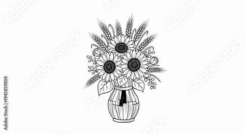 A detailed black and white illustration of a bouquet of sunflowers and wheat in a vase
