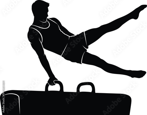 gymnast pommel horse silhouette, male gymnast exercise, artistic gymnastics training, athlete strength balance, sports fitness concept, professional gymnastics performance, athletic body control