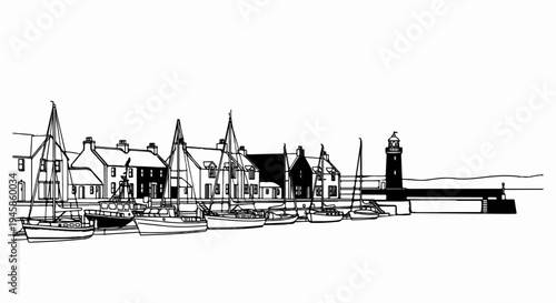 A detailed line drawing of a harbor with docked boats and buildings