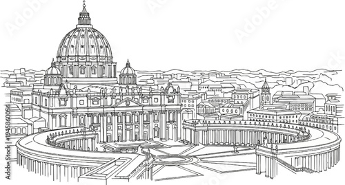 A detailed line drawing of a grand architectural complex featuring a prominent dome and colonnades