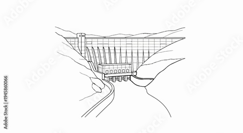 A detailed line drawing of a large dam holding back water, nestled between rocky hills