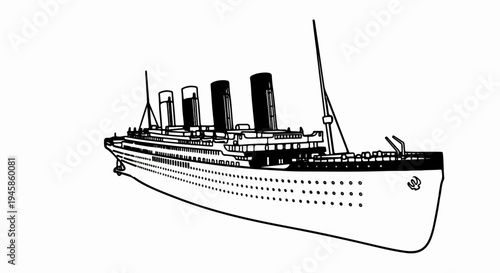 A detailed line drawing of a large ocean liner with four smokestacks