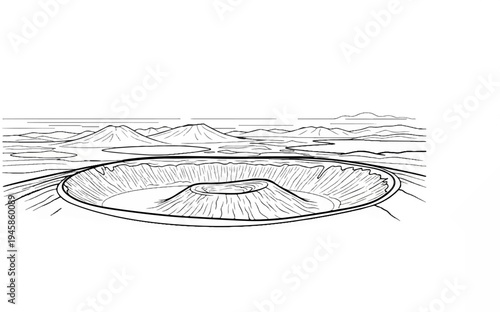 A detailed line drawing of a large volcanic crater in a mountainous landscape