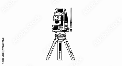 A digital surveying instrument with a keypad and antenna atop a tripod