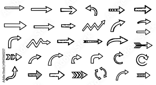 Arrows hand drawn set with black curved lines and straight vector graphics featuring arrow icons, direction symbols,