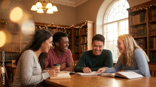 Group of Students Engaged in Collaborative Study Session in Cozy Library with Warm Lighting