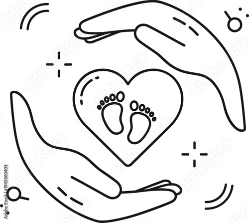 Maternity Care Line Icon with Hands Protecting Baby Footprints in Heart Symbol Pregnancy and Family Support Illustration