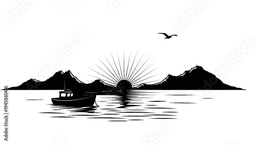 A fishing boat sails on calm waters with a stylized sunrise over mountains