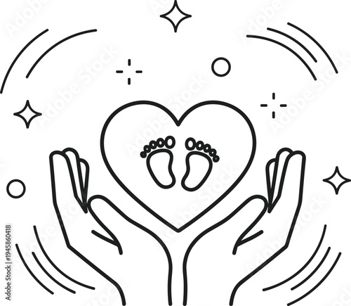 Pregnancy Care Line Icon with Hands Protecting Baby Footprints in Heart Symbol Maternity Healthcare Illustration