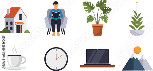 A collection of flat vector icons depicting home, leisure, and nature elements