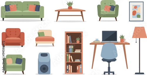 A collection of furniture and decor for a modern home interior