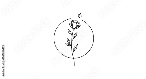 Flower line drawing with single stem and leaves in circle, simple minimalist art featuring illustration, botanical,