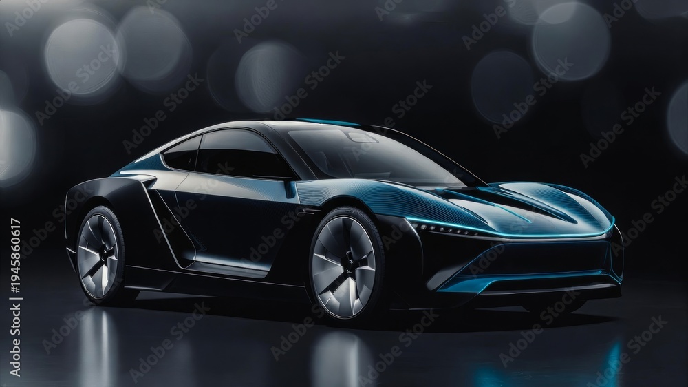 Fototapeta premium Futuristic sleek black sports car with blue lighting accents