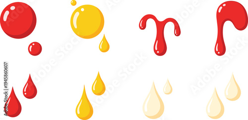 Liquid Drops Collection with Red and Yellow Dripping Paint Oil Honey and Blood Droplet Vector Set