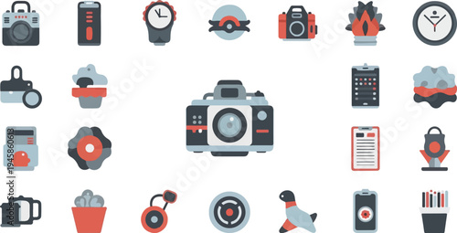 A collage of diverse flat icons featuring cameras, batteries, and stationery items