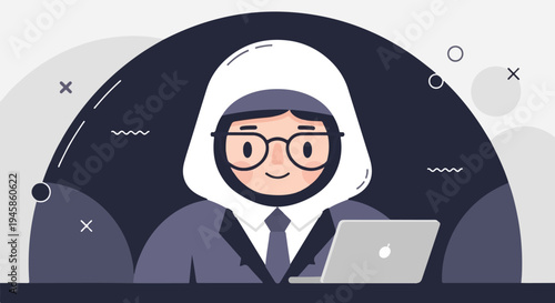 A flat design illustration of a smiling woman in a hijab and suit with a laptop
