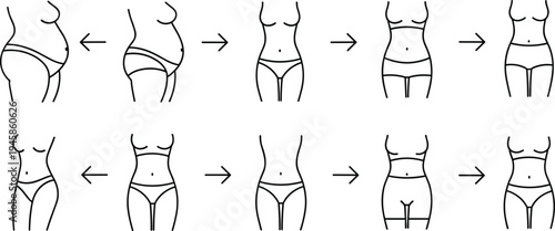 Female Body Transformation Line Icons Showing Weight Loss Fitness Progress and Body Shape Change Illustration