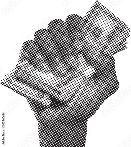 Raised fist halftone illustration symbolizing protest and power. Retro dotted shading creates bold graphic for activism, freedom, and social movement themes. Strong monochrome artwork adds dramatic vi