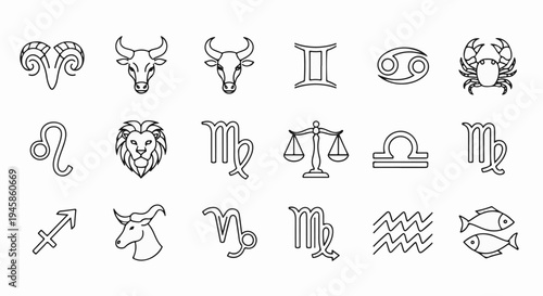 A collection of 12 zodiac signs and symbols in a clean, outline style