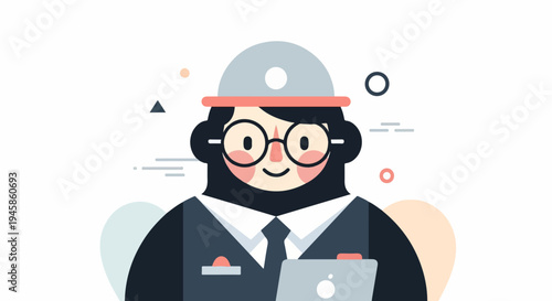 A flat-style illustration of a person in a hard hat holding a laptop