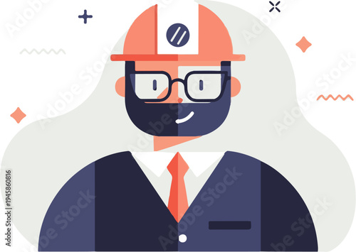A flat illustration of a bearded professional in a hard hat and glasses