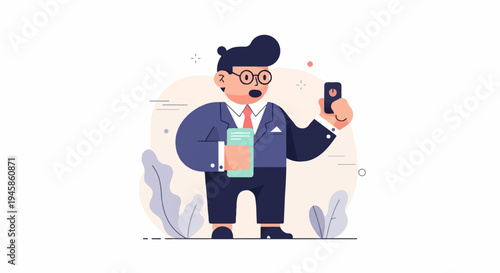 A formally dressed person holds a phone and a book, in a stylized setting