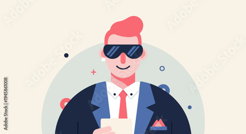 A cool, stylish person in sunglasses and a suit, holding a card