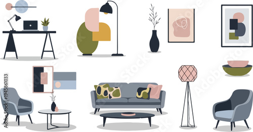 A collection of modern furniture and decor, including abstract art