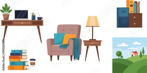 A cozy interior scene with a desk, armchair, and books, plus a pastoral landscape