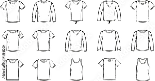 A collection of black and white line drawings of various t-shirt styles